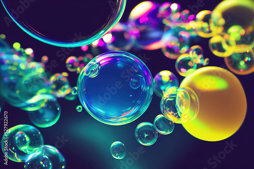 Dreamy neon bubbles, holographic bright soapy bubbles, glossy colorful liquids, 3d illustration © Mighty