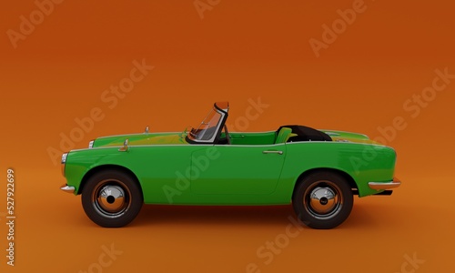 3d illustration  convertible old car  classic  green color  red background  3d rendering