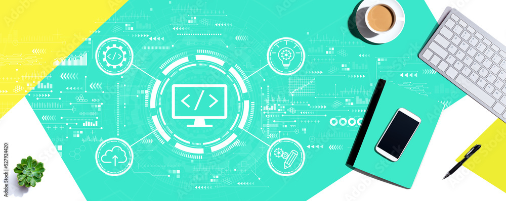 Web development concept with a computer keyboard and office items Web development concept with a computer keyboard and office items