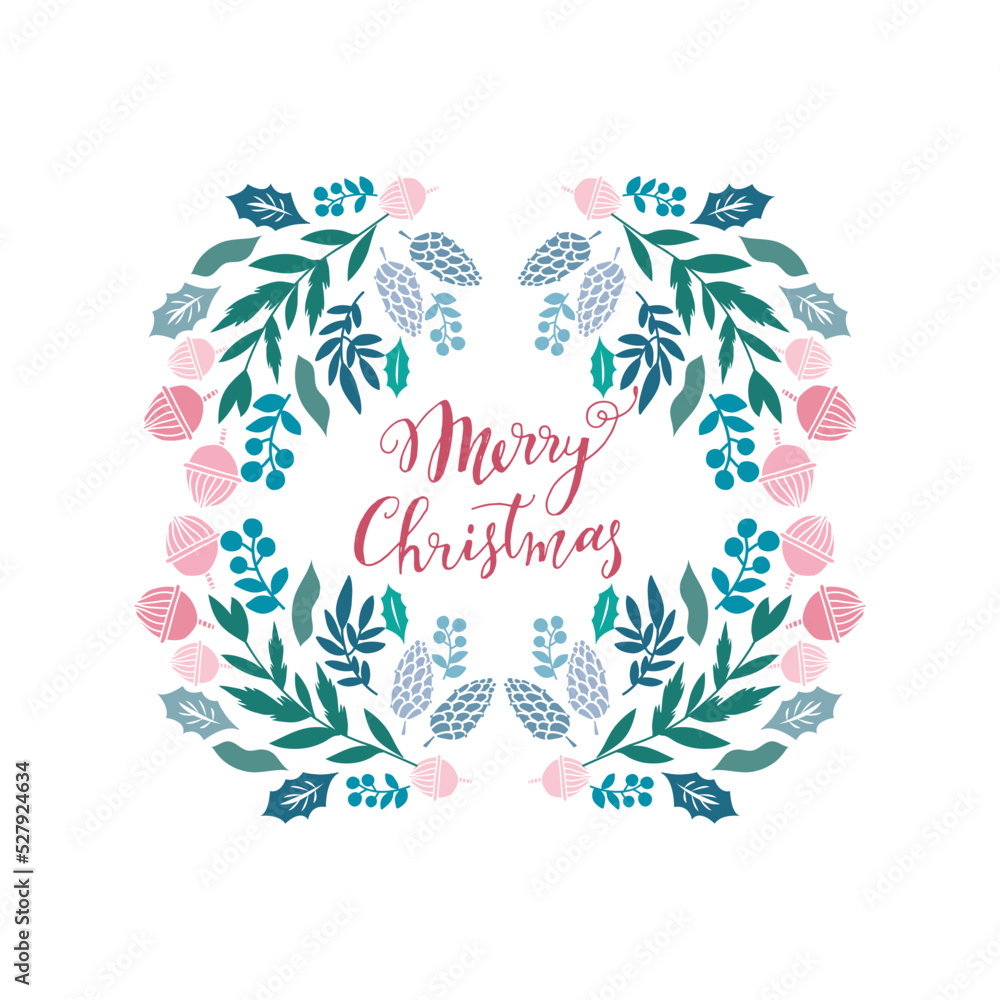 Merry Christmas  wreath  greeting card  Template background design  with   christmas  floral wreath. Hand drawn holiday elements. Vector illustration