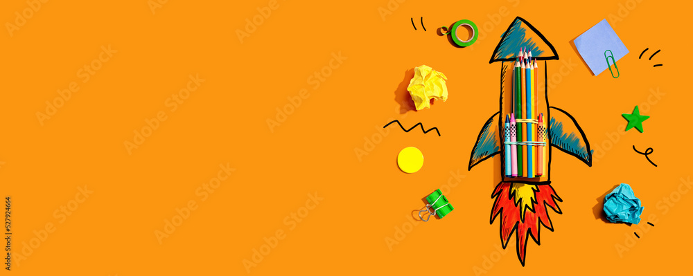 Naklejka premium Back to school theme with a rocket with school supplies