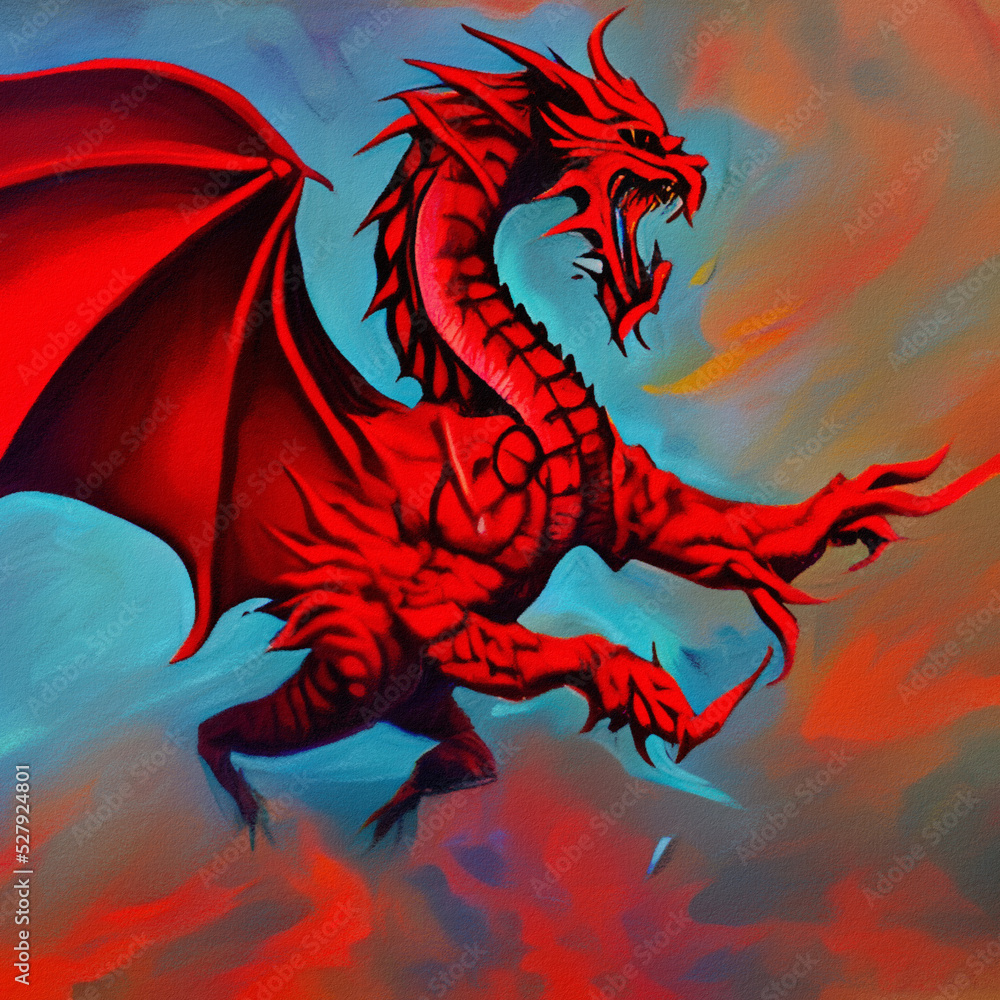 Fantasy evil dragon portrait. Surreal artwork of danger dragon from medieval mythology. Oil painting art