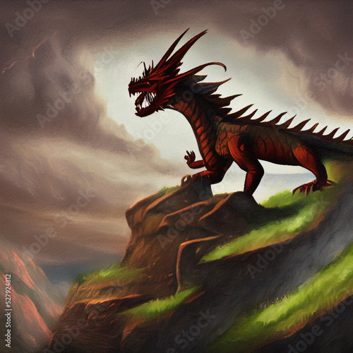 Fantasy evil dragon portrait. Surreal artwork of danger dragon from medieval mythology. Oil painting art