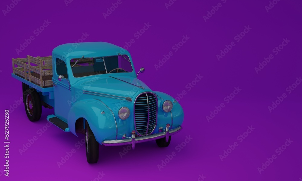 3d illustration, blue old truck, mauve background, 3d rendering