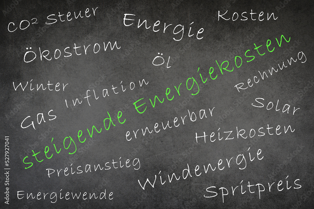 Words like increasing energy costs, fuel price, green electricity are standing on a chalkboard, german language Words like increasing energy costs, fuel price, green electricity are standing on a chalkboard, german language