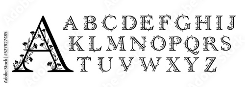 Floral botanical alphabet. Vintage hand drawn monogram letters. Capital Letters with plants and flowers. Vector lettering isolated on white