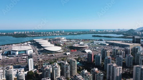 Aerial view of the Rock in Rio 2022 music festival at Barra da Tijuca Olympic Park in Rio de Janeiro. Jacarépaguá Lagoon and surrounding buildings. Rio de janeiro Brazil. September 2022. Drone take.