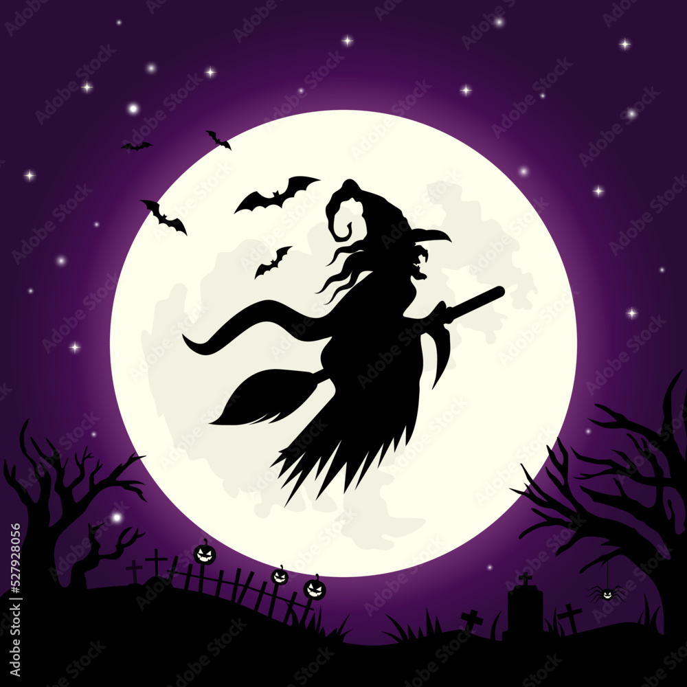 Halloween background with witch and cemetery Halloween background with witch and cemetery