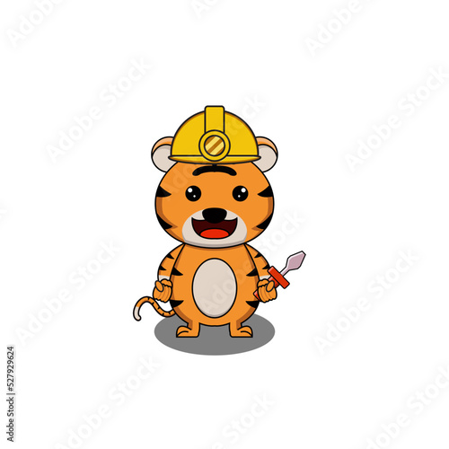 vector illustration of cute tiger wearing worker helmet and holding screwdriver