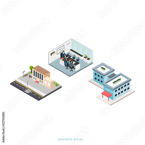 Isometric office buildings set interior elements office workers lawyers