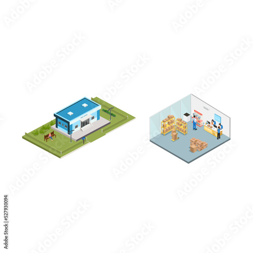 Post office building outdoor and indoor isometric