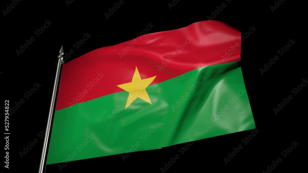 Flag of Burkina Faso on a flagpole. 3D animation with alpha channel