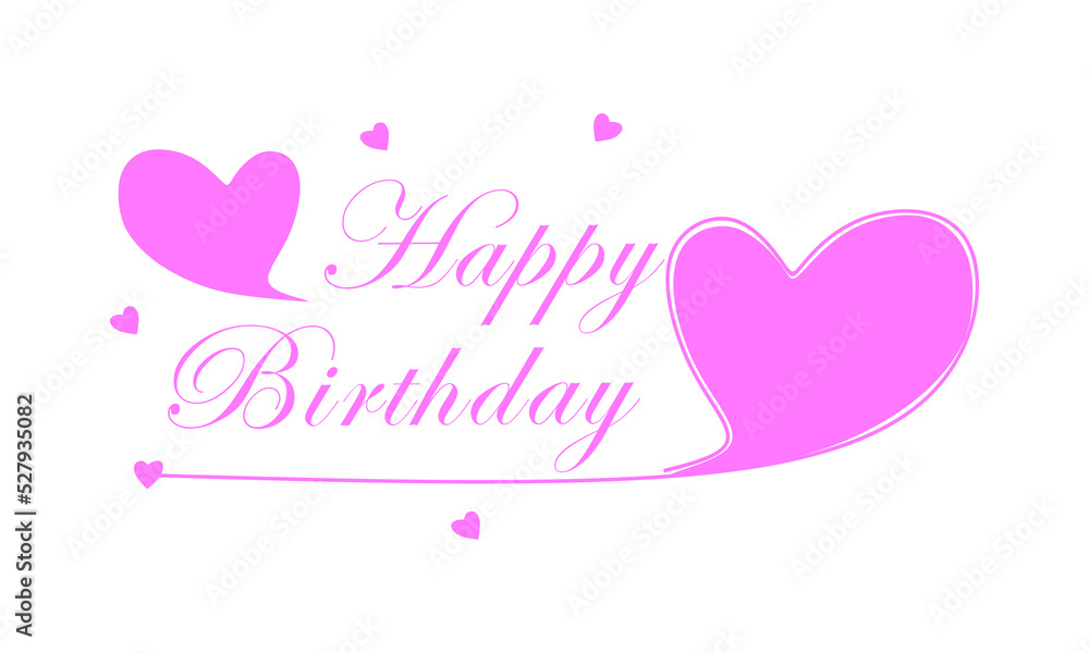 Happy birthday lettering text banner, pink color. Happy birthday and many hearts. Vector illustration.