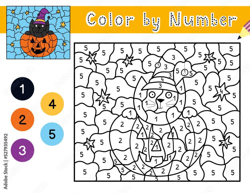 Color by number game for kids. Coloring page with cute Halloween pumpkin and a cat. Printable worksheet with solution for school and preschool. Learning numbers activity. Vector illustration