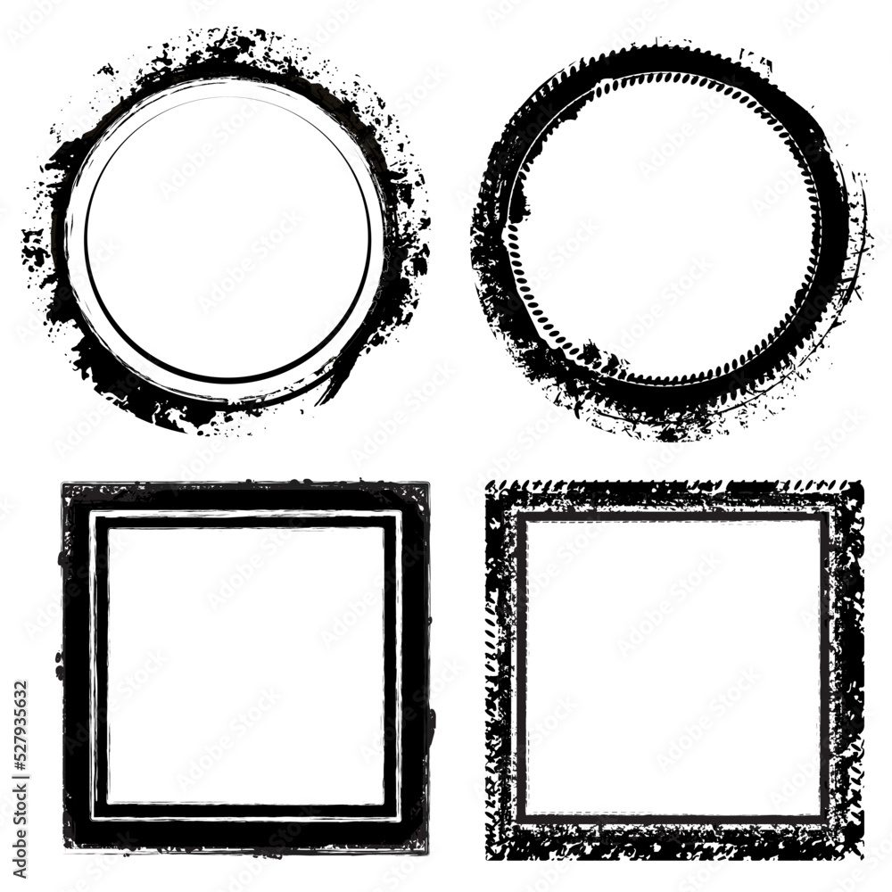 Set of four abstract grunge style square and circle frames for your design. Set of four abstract grunge style square and circle frames for your design.