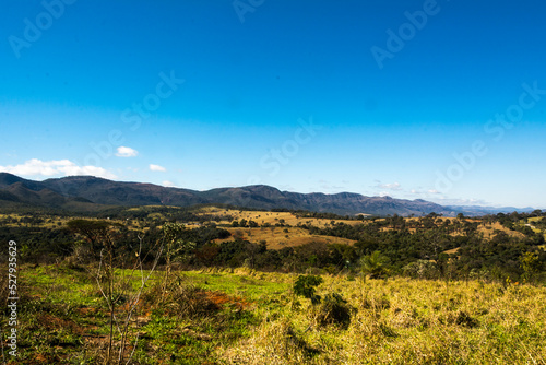 Landscape with pasture and mountain in background at Brumadinho  State of Minas Gerais  Brazil.