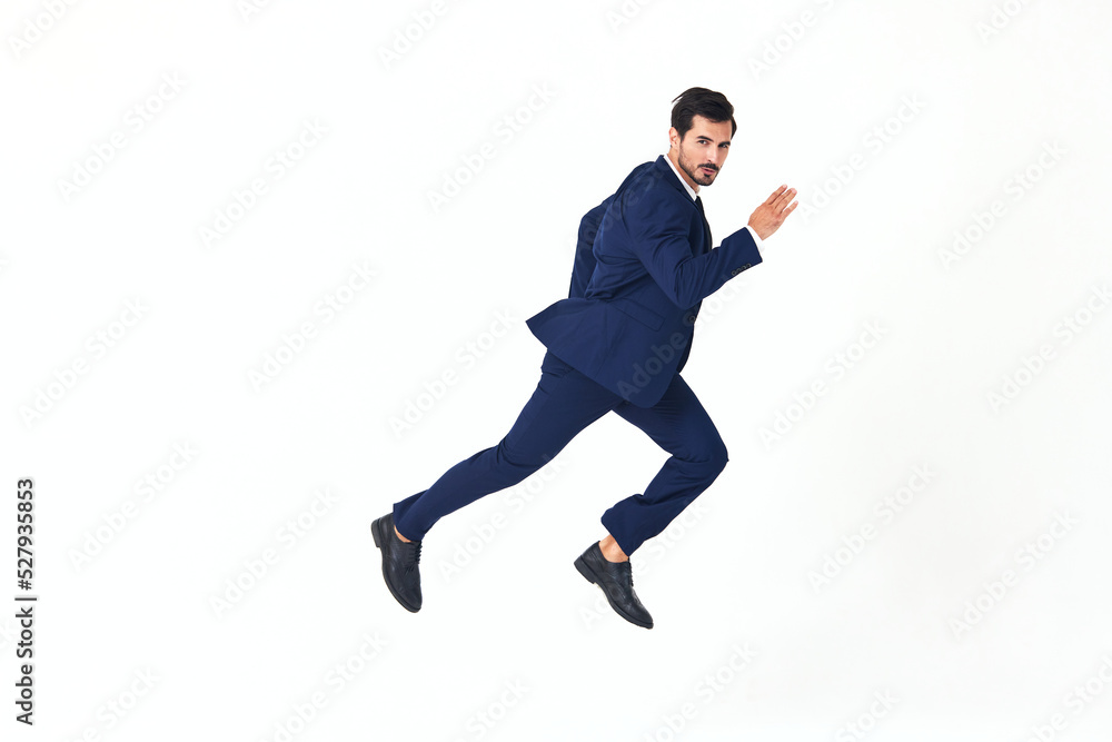 Man business smile with teeth in costume running and jumping flying up open mouth happiness and surprise full-length on white isolated background copy space Man business smile with teeth in costume running and jumping flying up open mouth happiness and surprise full-length on white isolated background copy space