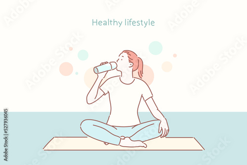 Young beautiful woman practicing yoga and gymnastic. Wellness concept. Classes in single sports. Hand drawn style vector design illustrations.