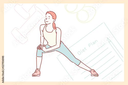 A woman who is planning a diet and stretching. Hand drawn style vector design illustrations. 