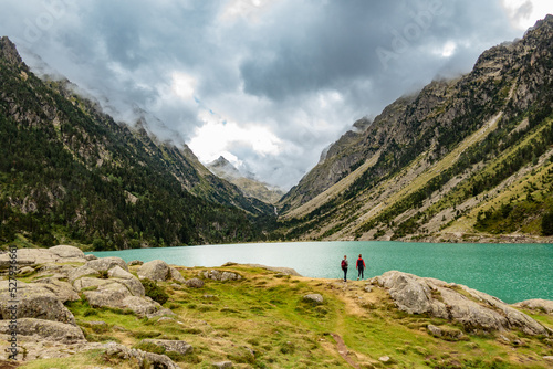 hiker in the mountains and lake