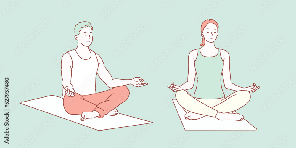 Group of young people doing yoga lotus pose in the class. Fitness, sport, training and yoga lifestyle concept. Hand drawn style vector design illustrations.