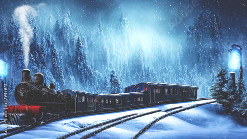 Fantasy winter forest with a train. They ate in the snow, a fabulous train rides on rails, smoke, spotlights, a magical winter forest at night. 3D illustration.