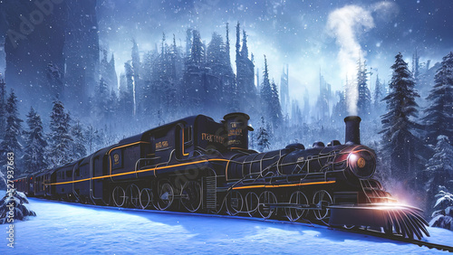 Fantasy winter forest with a train. They ate in the snow, a fabulous train rides on rails, smoke, spotlights, a magical winter forest at night. 3D illustration. photo