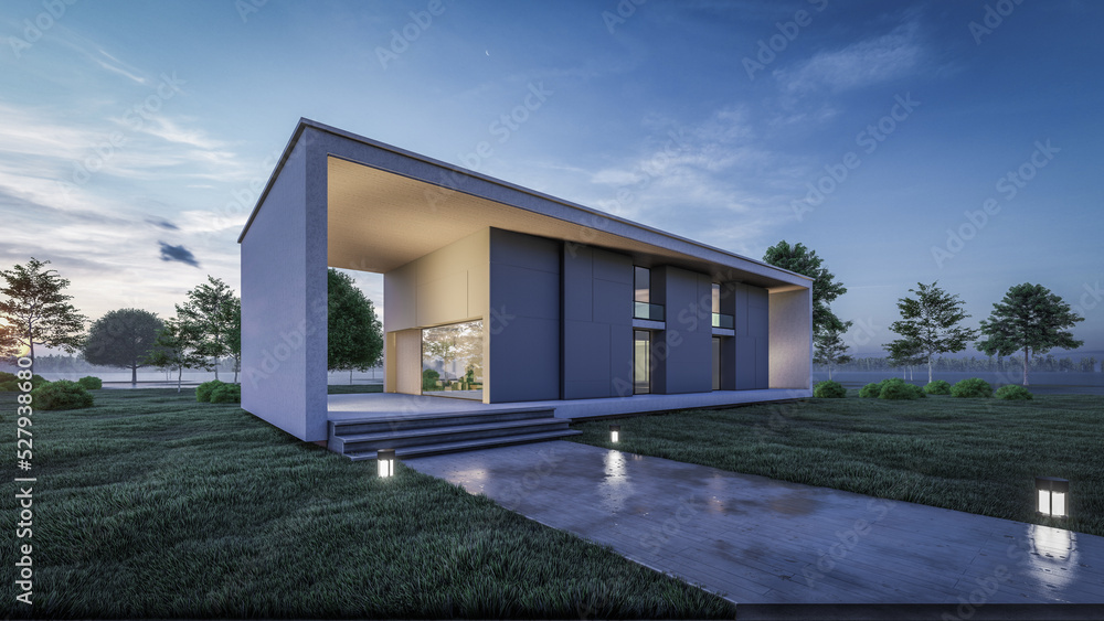 3d rendering illustration of modern minimal house with natural landscape, walkway and staircase 3d rendering illustration of modern minimal house with natural landscape, walkway and staircase