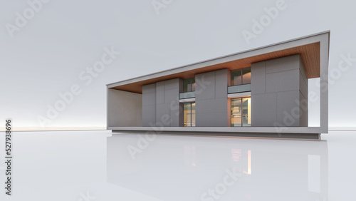 3D rendering illustration of modern minimal house on white background and light in house reflection on ground