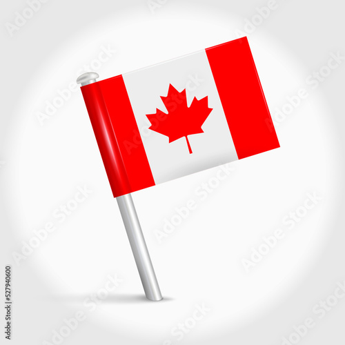 Canada map pin flag icon. Canadian pennant map marker on a metal needle. 3D realistic vector illustration.