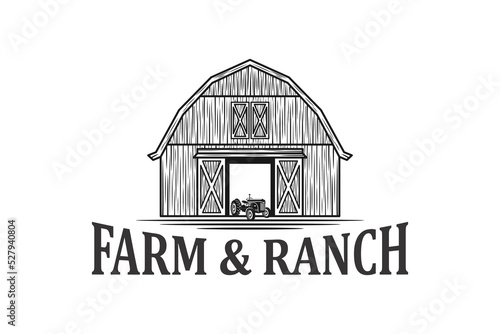 Tractor logo design and barn farming ranch equipment transportation machine plow field vehicle