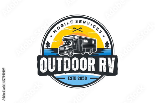 Recreational Vehicle logo design holiday journey traveler river lake scene car trailer