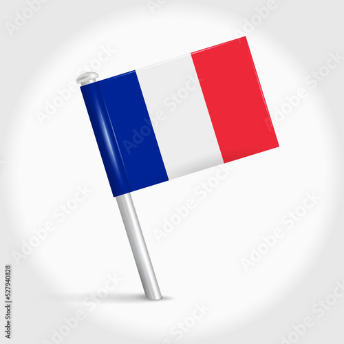 France map pin flag icon. French pennant map marker on a metal needle. 3D realistic vector illustration.
