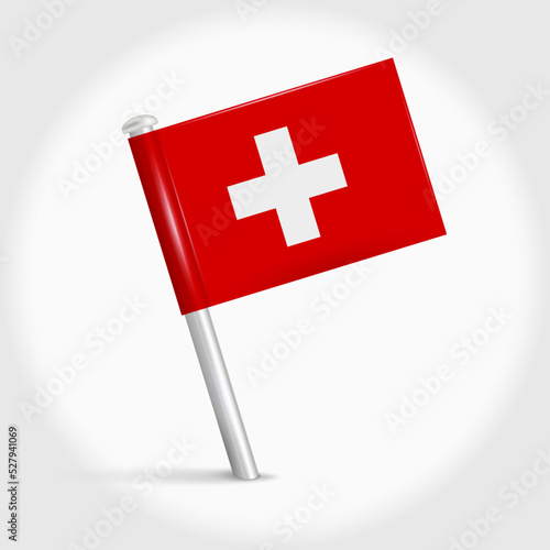 Switzerland map pin flag icon. Swiss pennant map marker on a metal needle. 3D realistic vector illustration.