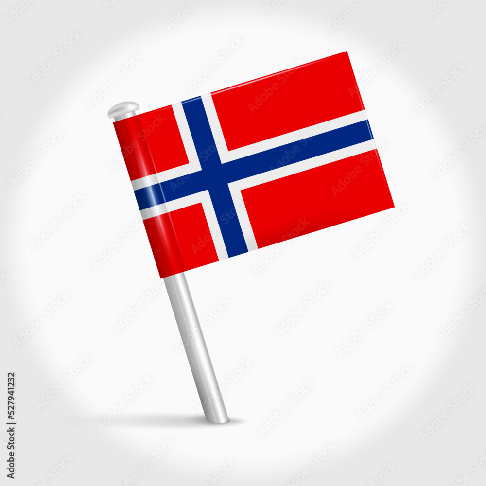 Norway map pin flag icon. Norwegian pennant map marker on a metal needle. 3D realistic vector illustration.
