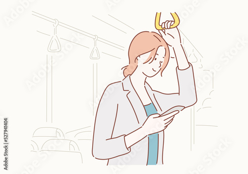 woman browsing and typing messages in a public bus. Hand drawn style vector design illustrations. 