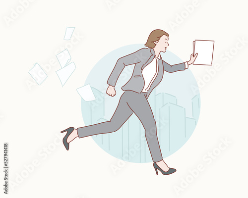 Vector illustration of businesswoman jumping with case. Hand drawn style vector design illustrations.