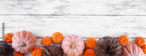 Fall bottom border of pumpkins and natural decor over a rustic white wood banner background. Above view with copy space. #527942022