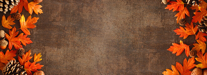 Colorful autumn leaves, nuts and pine cones. Double border over a rustic dark banner background. Top down view with copy space.