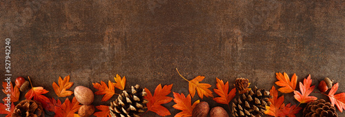 Colorful fall leaves, nuts and pine cones. Bottom border over a rustic dark banner background. Top view with copy space. #527942240