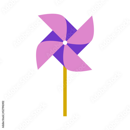 Pink Purple Colorful Pinwheel or Spinning Windmill with Stick Symbol Icon. Vector Image.