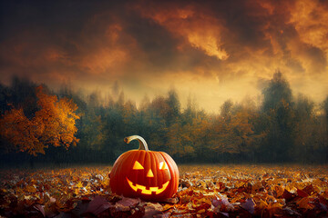 Jack-o'-lantern smiling, pumpkins sitting in the leaves, Halloween autumn fall night