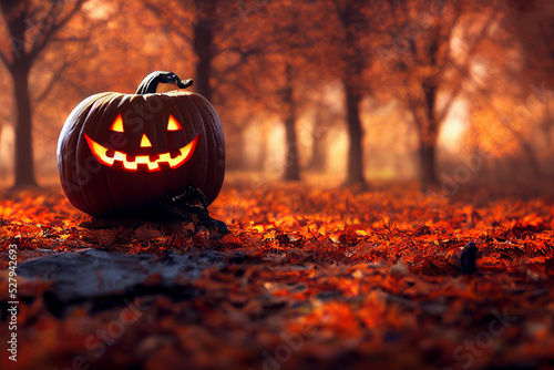 Jack-o'-lantern smiling, pumpkins sitting in the leaves, Halloween autumn fall night