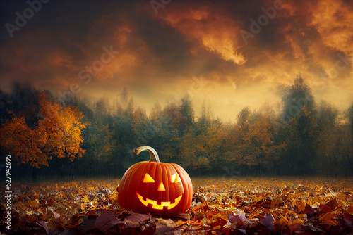 Jack-o'-lantern smiling, pumpkins sitting in the leaves, Halloween autumn fall night