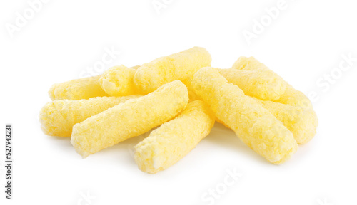 Pile of tasty corn puffs on white background