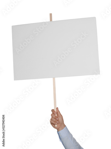 Man holding blank protest sign on white background, closeup