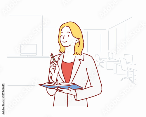 Businesswoman is holding a notebook and a pen in the office. Hand drawn style vector design illustrations.