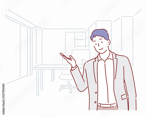 The business man is introducing the office. Hand drawn style vector design illustrations. 