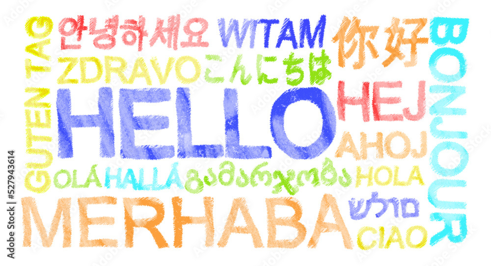 Greeting words in different foreign languages on white background