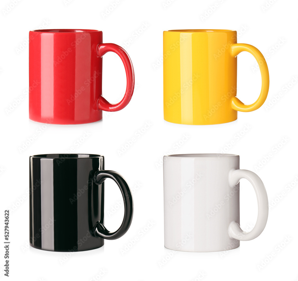 Set with different ceramic mugs on white background Set with different ceramic mugs on white background